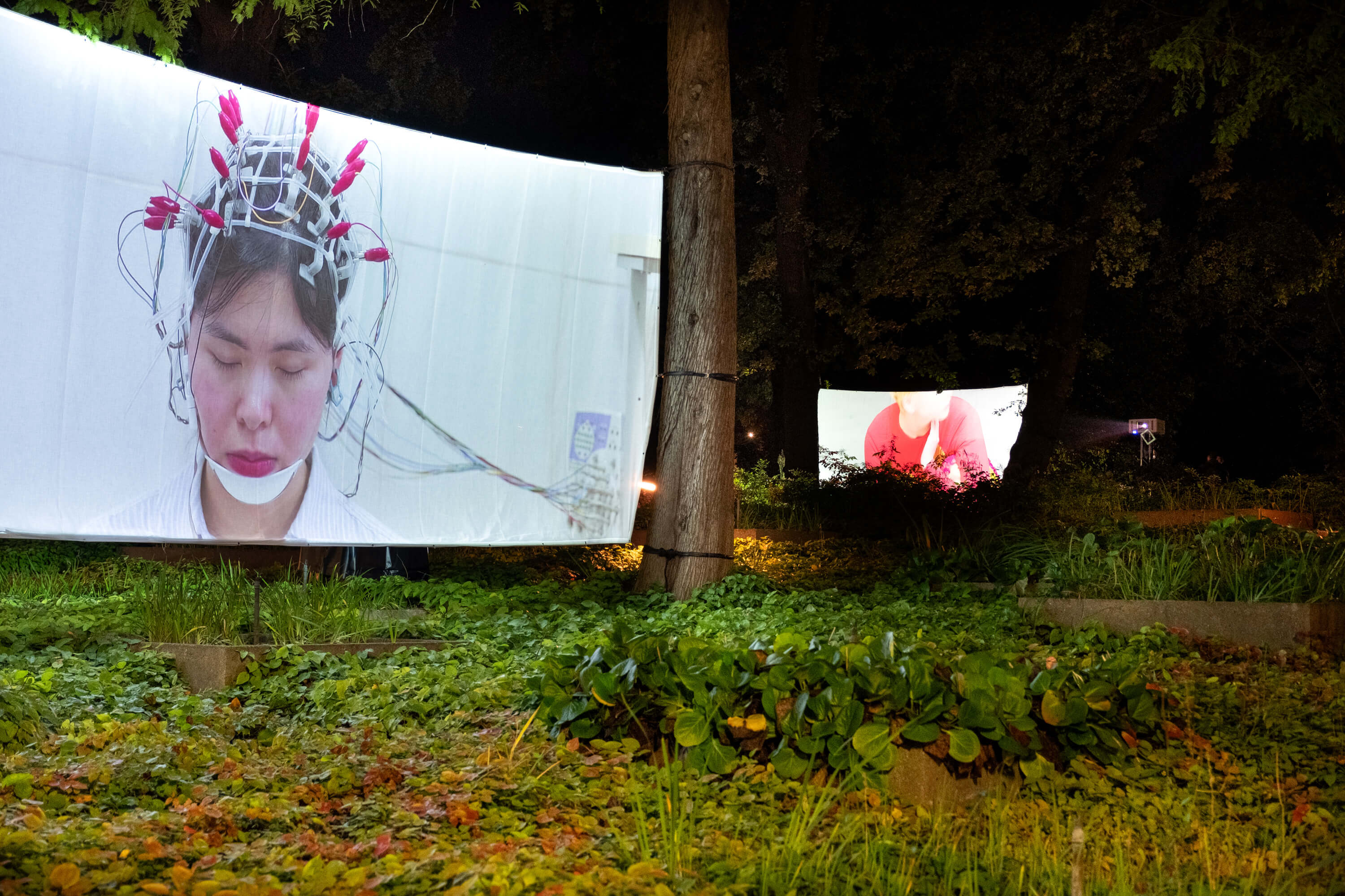 Installation at Planten un Blomen park in Hamburg by Hiền Hoàng, featuring large-scale video projections on towering trees. The immersive experience comprises three distinct screens, each showcasing a different film from the 'Scent from Heaven' project. The videos explore themes of tree’s suffering, human’s dream of healing and salvation and sensory perception, enveloping viewers in a mesmerizing blend of sight and sound amidst the natural surroundings of the park.